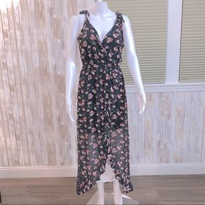 Derek Heart Sheer Floral Dress with liner and faux wrap dress look.